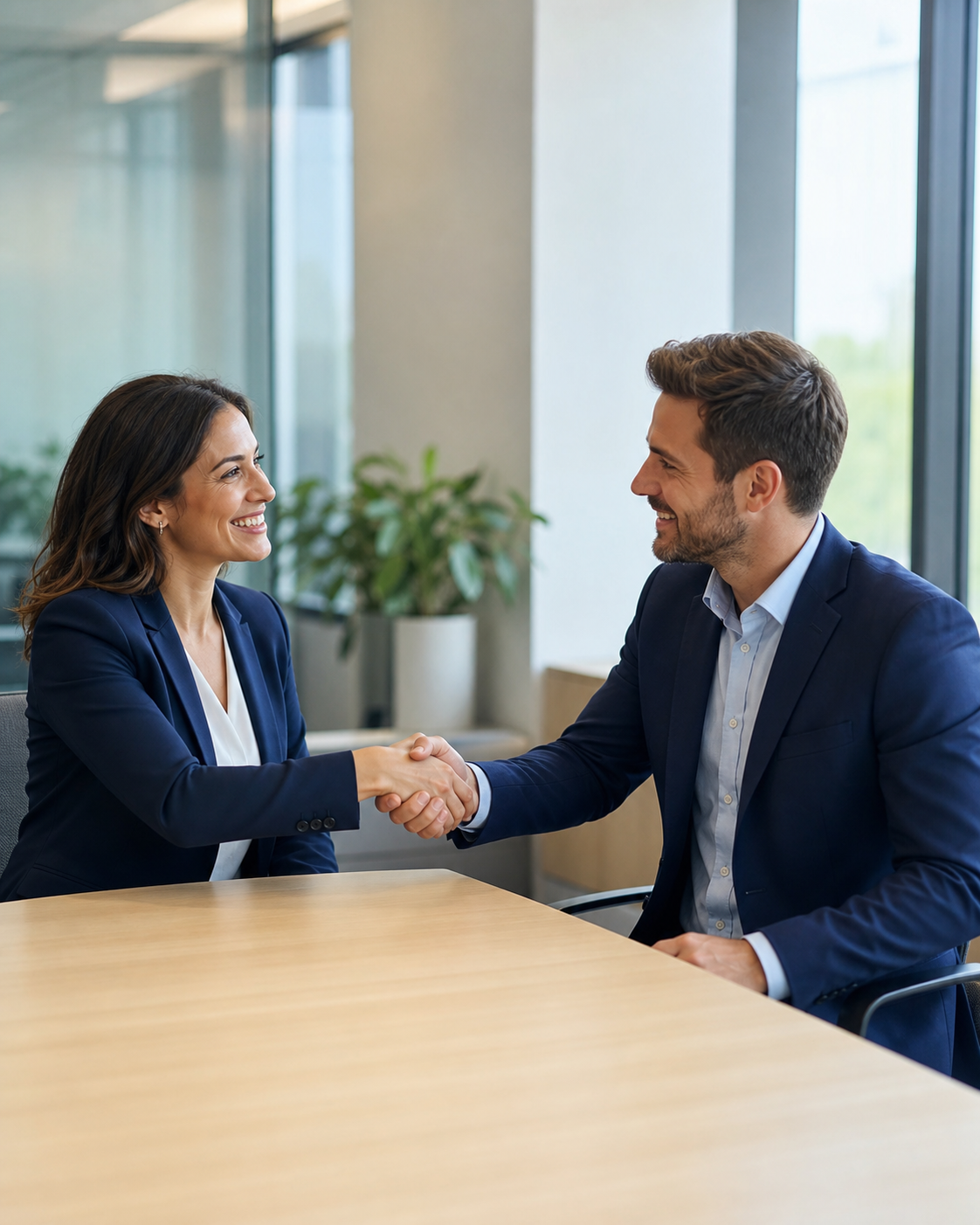 Two business professionals shaking hands after reaching an agreement